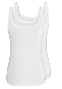 White cotton tank tops with wide shoulder straps and a fitted shape. Soft texture, two pieces displayed with curved hems.