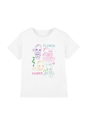 White t-shirt featuring colorful graphic designs of cartoon characters, text "FLOWER POWER," and floral elements in purple, pink, orange, and green.