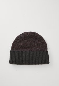 Knit beanie in black and maroon with a textured pattern; features a ribbed, folded cuff for a snug fit.
