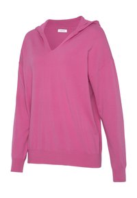 Felpa rosa in maglia con scollo a V e vestibilità comoda. Presenta maniche lunghe e polsini a coste, mettendo in evidenza una texture morbida e un design leggero.