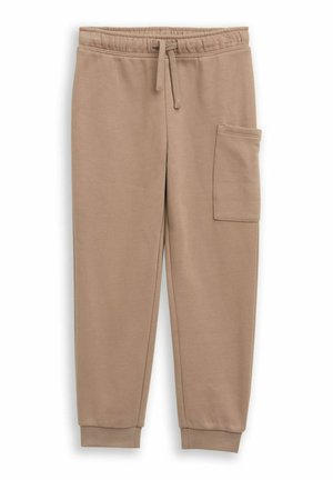 Beige Sweatpants aus weichem Stoff, mit elastischem Bund und Kordelzug, gerippten Bündchen und einer Seitentasche.