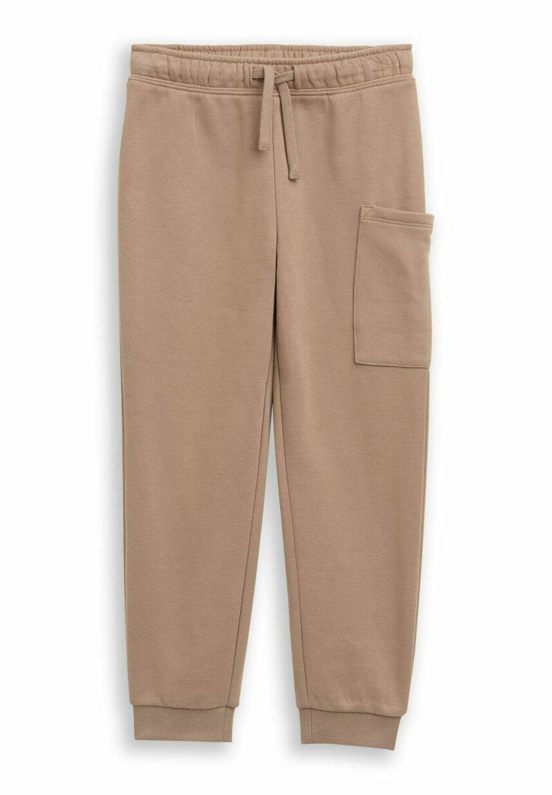 Beige sweatpants lavet af blødt stof, med elastisk talje med snor, ribbede manchetter og en sidelomme.