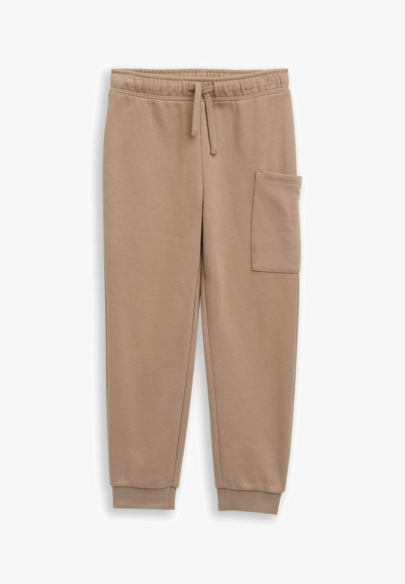 Beige Sweatpants aus weichem Stoff, mit elastischem Bund und Kordelzug, gerippten Bündchen und einer Seitentasche.