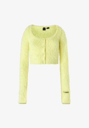 Cardigan accorciato in morbido e soffice tessuto giallo. Presenta maniche lunghe, scollo rotondo e chiusura con cinque bottoni. Logo del marchio sulla manica.