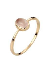 Bague en or avec une pierre rose ovale, texture lisse, et un design ouvert simple avec un band fin. Convient pour un usage quotidien.