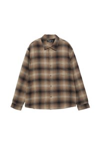 Koszula na guziki z długim rękawem w beżowo-brązowo-czarną kratę z kołnierzykiem w szpic, rozłożona na płasko na białym tle.
