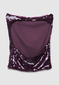 Lila ärmelloses Oberteil mit rundem Ausschnitt; bedeckt mit Pailletten, die das Licht reflektieren, mit einem weichen Innenfutter und drapiertem Design.