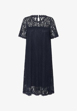 Vestido de encaje azul marino con mangas cortas y escote con puntas, presenta un patrón floral y un corte holgado. Los detalles de encaje en el dobladillo añaden suavidad.