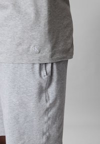 Conjunto casual gris que muestra la parte inferior del torso con una camiseta y pantalones cortos que presentan un pequeño logo "cK" cerca del dobladillo.