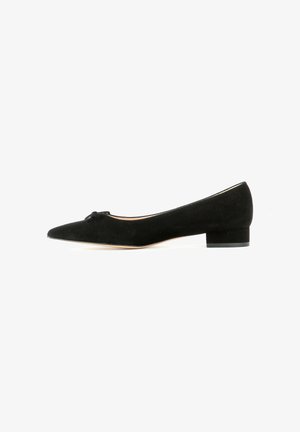 Black suede ballet flats with a pointed toe and small heel, featuring a decorative bow at the front and smooth interior lining.