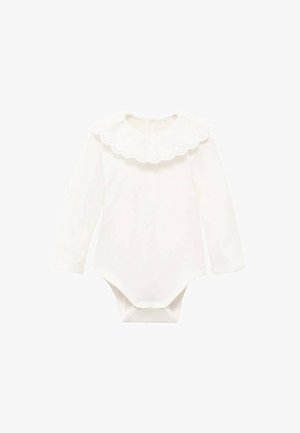 Bílé body s dlouhým rukávem a velkým krajkovým límcem, vyrobené z jemné bavlny, se zapínáním na patentky ve spodní části pro snadné oblékaní.