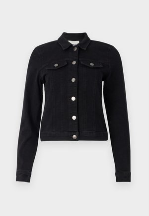 Jachetă din denim negru cu mâneci lungi, închidere frontală cu nasturi, două buzunare pe piept cu clapetă și un design scurtat. Accente din metal argintiu mat.