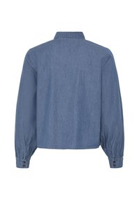 Chemise en denim bleu à manches longues avec col, vue de dos, avec des poignets boutonnés à chaque manche.