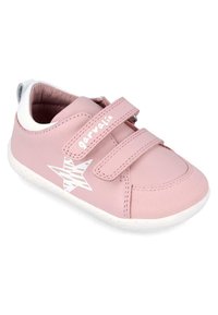 Sneaker in pelle rosa con suola in gomma bianca, dotato di cinturini in Velcro, design a stella e dettaglio del logo sul lato. Fodera interna morbida.
