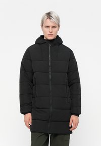Black puffer jacket with a hood, featuring a zip front, quilted design, and side pockets. Material appears smooth and insulated.