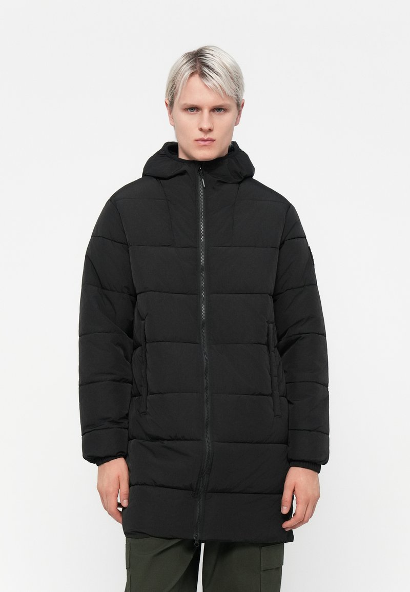 Black puffer jacket with a hood, featuring a zip front, quilted design, and side pockets. Material appears smooth and insulated.