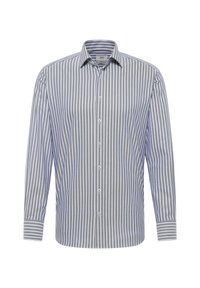 Gestreepte lange mouwen shirt met een button-down kraag in tinten van blauw en wit. Kenmerkt zich door verticale strepen en een knoopsluiting aan de voorkant.