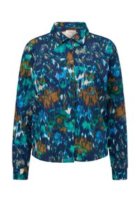 Chemise à manches longues avec col et boutons à l'avant, présentant un motif abstrait bleu, sarcelle, marron et blanc, avec une coupe ample.