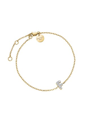 Gouden kettingarmband met een letteraccent, versierd met fonkelende stenen, en een klein label met de inscriptie "Rosefield."