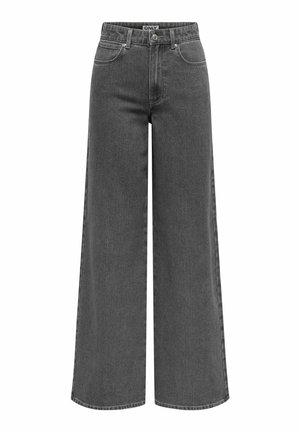 Ciemnoszare szerokie dżinsy wykonane z denimu, z wysokim stanem, pięcioma kieszeniami i subtelnymi detalami stębnowania wzdłuż szwów.