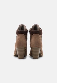 Stivaletti in suede marrone con un gambale testurizzato di un marrone scuro, zip sul retro e tacco impilato con strisce orizzontali.