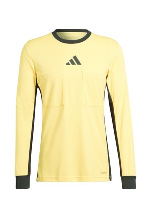 Camicia gialla a maniche lunghe con due tasche frontali, dettagli neri, colletto rotondo e logo adidas. Realizzata in tessuto leggero, ideale per l'uso all'aperto.