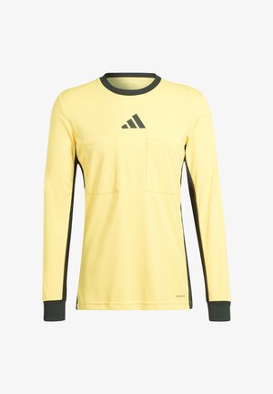 Langarmiges gelbes Hemd mit zwei vorderen Taschen, schwarzen Akzenten, Rundhalsausschnitt und adidas-Logo. Hergestellt aus leichtem Material, ideal für den Außenbereich.