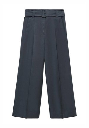 Dark gray wide-leg trousers made from a smooth fabric. Features a belt with a silver buckle, front pockets, and sharp pleats.