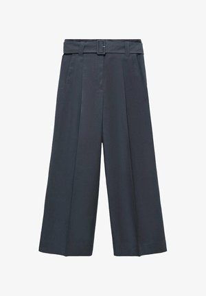 Dark gray wide-leg trousers made from a smooth fabric. Features a belt with a silver buckle, front pockets, and sharp pleats.
