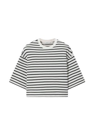 Wit cropped T-shirt met zwarte horizontale strepen en brede korte mouwen, met een ronde halslijn.