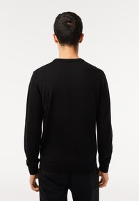 Maglione nero a maglia con maniche lunghe, scollatura tonda e polsini e orlo a coste. Texture liscia, senza motivi visibili, indossato da un modello visto da dietro.