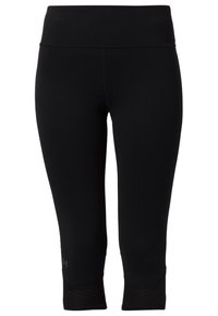 Leggings capri neri con un ampio elastico in vita, realizzati in materiale elasticizzato, con dettagli testurizzati all'orlo per una maggiore aderenza.