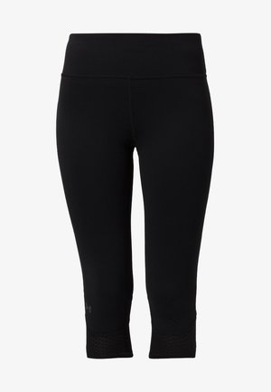 Czarne legginsy capri z szerokim pasem, wykonane z elastycznego materiału, z teksturowanymi akcentami na końcach, umożliwiającymi lepszą przyczepność.