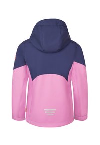 Waterproof jacket featuring a navy upper section and pink lower section, with a hood and reflective stripes on the back. Smooth texture.