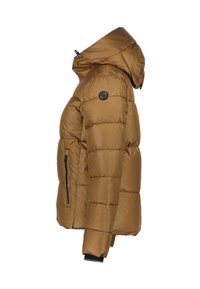 Doudoune marron avec capuche, matelassage horizontal, poche latérale zippée et écusson rond de la marque sur la manche supérieure, présentée de côté.