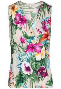 Floral sleeveless top featuring a wrap design in blended colors of pink, orange, and green on a light beige background. Smooth fabric texture.