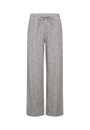 Lichtgrijze geribbelde wijduitlopende broek met elastische tailleband en trekkoord, ontworpen voor casual comfort.