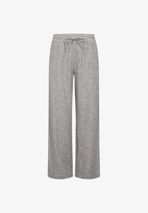 Lichtgrijze geribbelde wijduitlopende broek met elastische tailleband en trekkoord, ontworpen voor casual comfort.