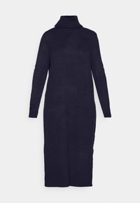 Robe à col roulé en maille bleu marine foncé, dotée de manches longues, d'une coupe décontractée, de poignets et d'un ourlet côtelés, atteignant une longueur mi-mollet.