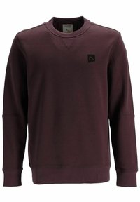 Felpa color marrone a maniche lunghe con scollo tondo, polsini e orlo a costine, piccola toppa con logo nero sul petto a sinistra.