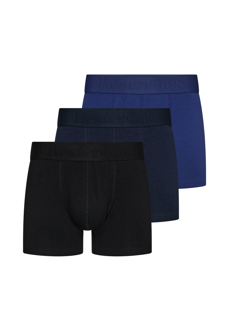 Three pairs of men's boxers in black, dark blue, and navy colors. Soft fabric with elastic waistbands featuring embossed brand name.