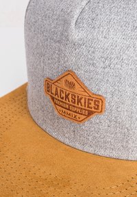Casquette en tissu gris avec une visière en daim marron. Présente un patch en cuir texturé marron avec "BLACKSKIES" et d'autres détails textuels embossés.