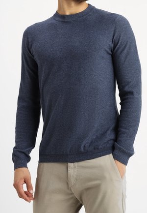 Maglione lavorato a maglia blu navy con colletto rotondo, maniche lunghe e polsini a coste. Presenta una trama morbida con un design aderente.