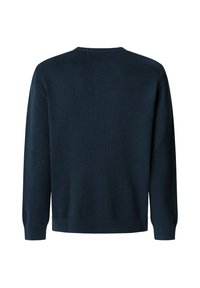 Navy blue crewneck sweater made of smooth knit material. Features long sleeves and ribbed cuffs and hem. Simple, unadorned design.