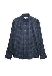 Donkerblauwe overhemd met lange mouwen en knopen, versierd met een zwart houndstoothpatroon en een puntige kraag, weergegeven op een witte achtergrond.