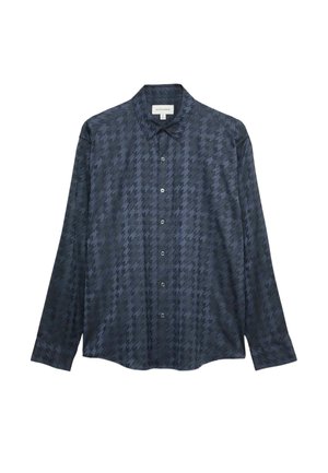 Tmavě modrá košile s dlouhým rukávem, s knoflíky a černým houndstooth vzorem a špičatým límečkem, vystavená na bílém pozadí.