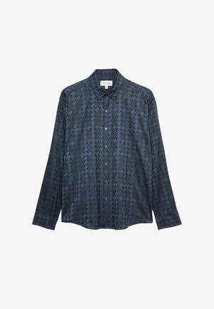 Tmavě modrá košile s dlouhým rukávem, s knoflíky a černým houndstooth vzorem a špičatým límečkem, vystavená na bílém pozadí.