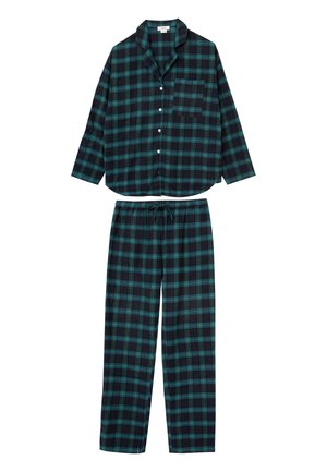 Katoenen geruite pyjama set met een donkerblauwe achtergrond en groene en lichtblauwe vierkanten. Korte mouwen top met een borstzak, broek met elastische tailleband.