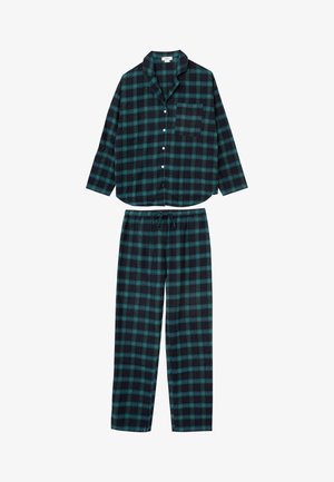 Puuvillainen ruudullinen pyjamapuku, jossa on tumma laivastonsininen tausta vihreillä ja vaaleansinisillä ruuduilla. Lyhythihainen paita, jossa tasku, ja vyötäröllä joustava alaosa.