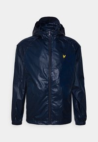 Navy blue waterproof jacket with a zip front, hood, and elastic cuffs. Features a small yellow logo on the chest. Smooth, shiny texture.